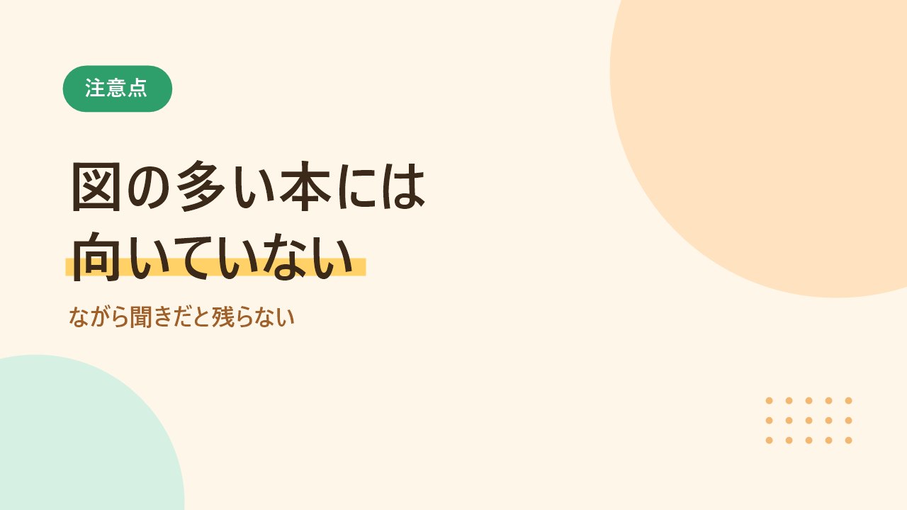 図の多い本やながら聞きには向かないという注意点を示すバナー画像