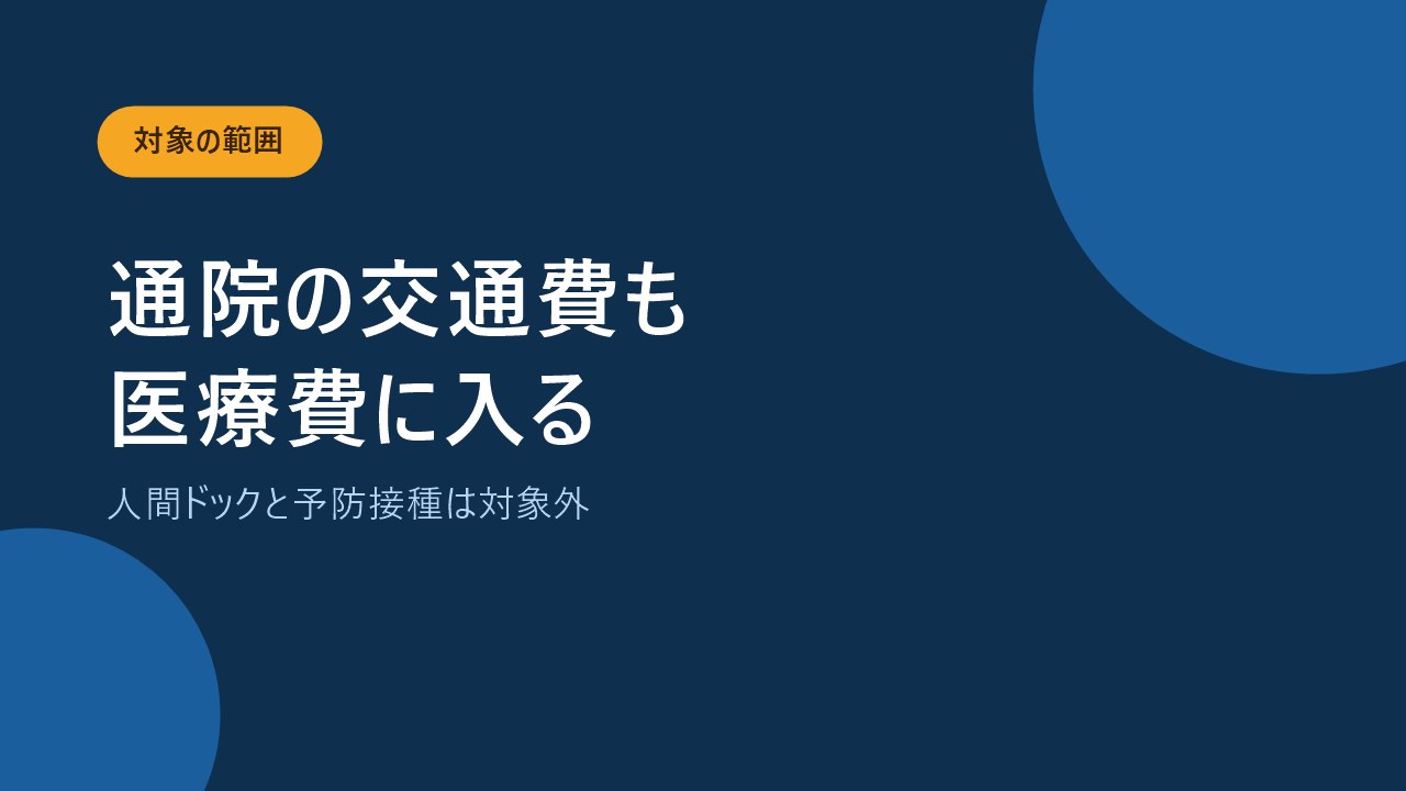 通院の交通費は対象で人間ドックや予防接種は対象外であることを示すバナー画像