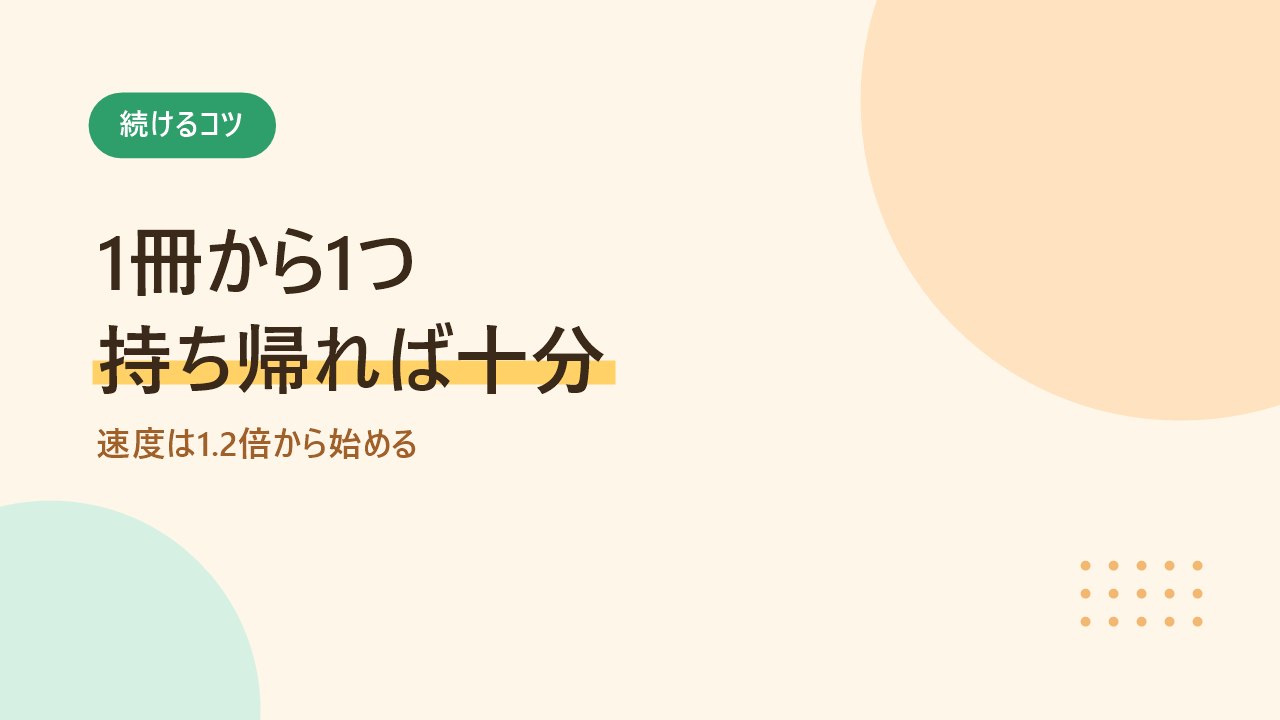 速度は1.2倍から始めて1冊から1つ持ち帰ればよいと示すバナー画像