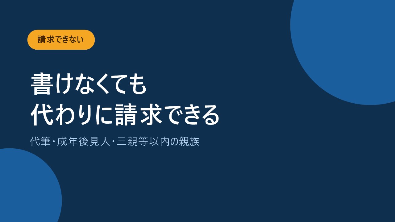 受取人が請求できないときの代筆や成年後見人による請求の方法を示すバナー画像