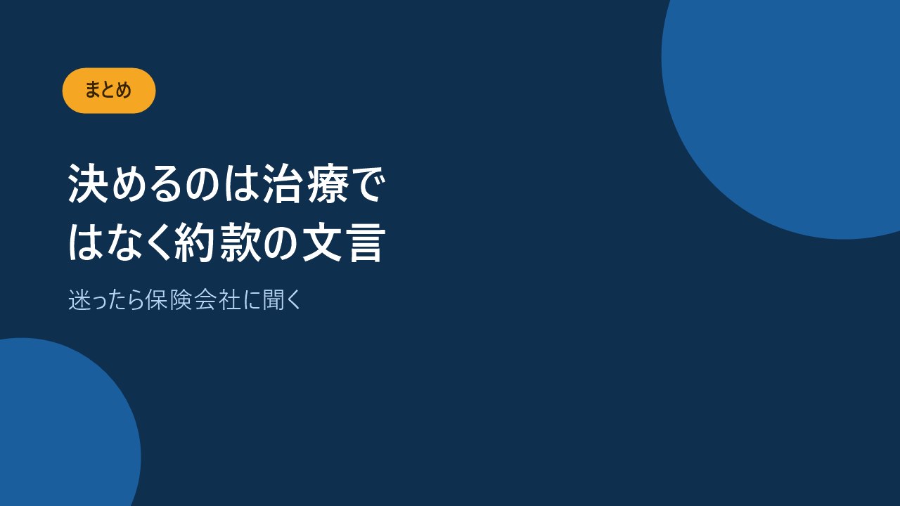 対象かどうかは治療の内容ではなく約款の文言で決まることを示すバナー画像